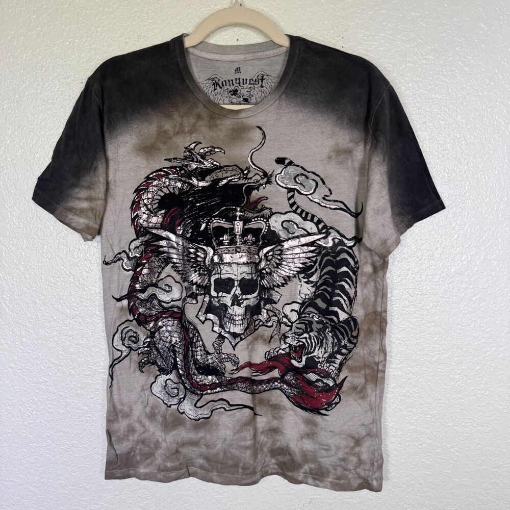 Konquest Shirt Mens Medium Skull King Dragon Metallic Tee Tshirt Y2K Grunge Punk